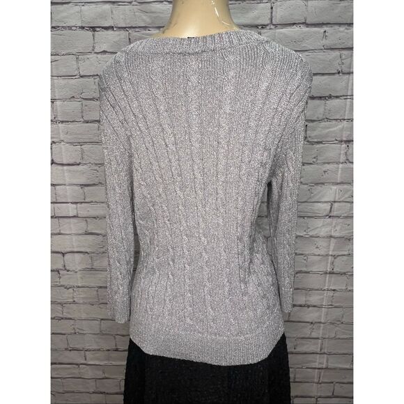 Talbots Womens Silver Cable Knit Button Front Long Sleeve Cardigan Sweater XL - Picture 2 of 7